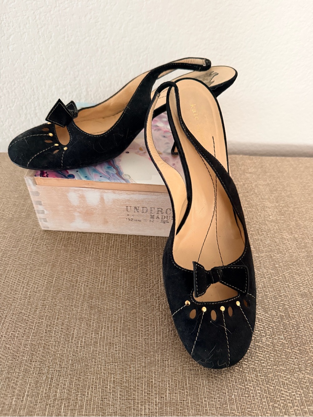Kate Spade Black Suede Slingback Pumps with Bow Detail